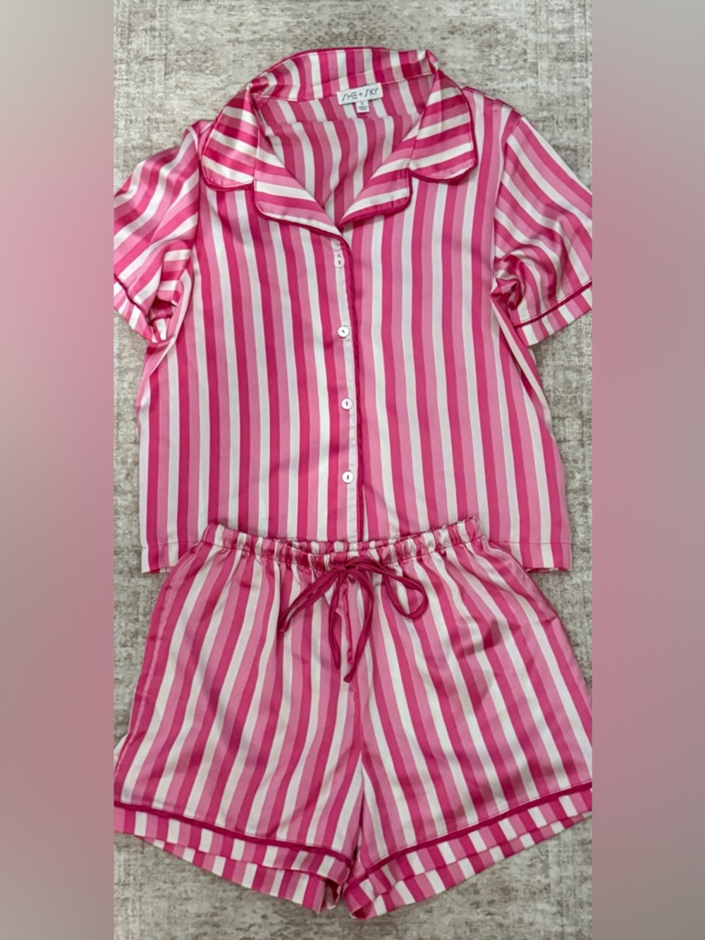 She + Sky Pink & White Striped Short Pajama Set
